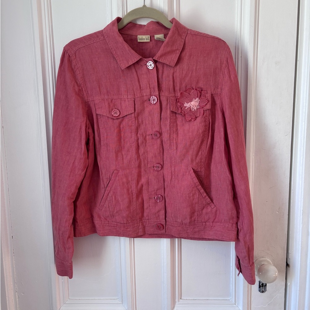 Women’s Linden Hill 100% Linen Coral Rose Button Front Lightweight Jacket Medium
